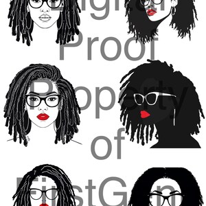May include: Digital illustration featuring six stylized portraits of women with dreadlocks, glasses, and red lipstick. The text "Digital Proof Property of First Gen" is overlaid on the image.