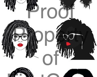 Czarne sylwetki kobiet i grafika liniowa, dredy, okulary, czerwona szminka, pakiet do pobrania w wersji cyfrowej