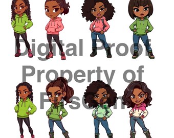 Ilustracje Chibi Black Girl | Pakiet PNG do pobrania w wersji cyfrowej