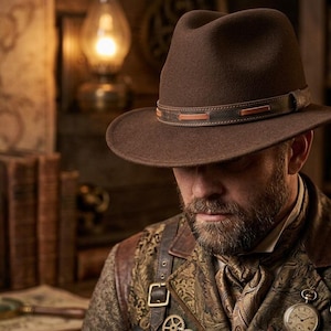 May include: A dark brown felt fedora hat featuring a structured crown and a wide brim. The hat is accented with a dark brown leather band that includes thin, horizontal tan leather stitching details wrapped around the base of the crown.