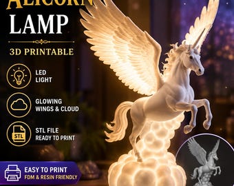 Eenhoornlamp STL, Pegasus nachtlampje 3D-print, Alicorn LED-lamp, Fantasy eenhoorn STL-bestand, Kinderkamerdecoratie, Prinsessenlamp