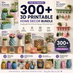 300+ 3D-utskrivbara heminredningspaket STL | Krukor, lampor, vassamling, nyckelhållare, värmeljushållare | Moderna digitala utskriftsfiler