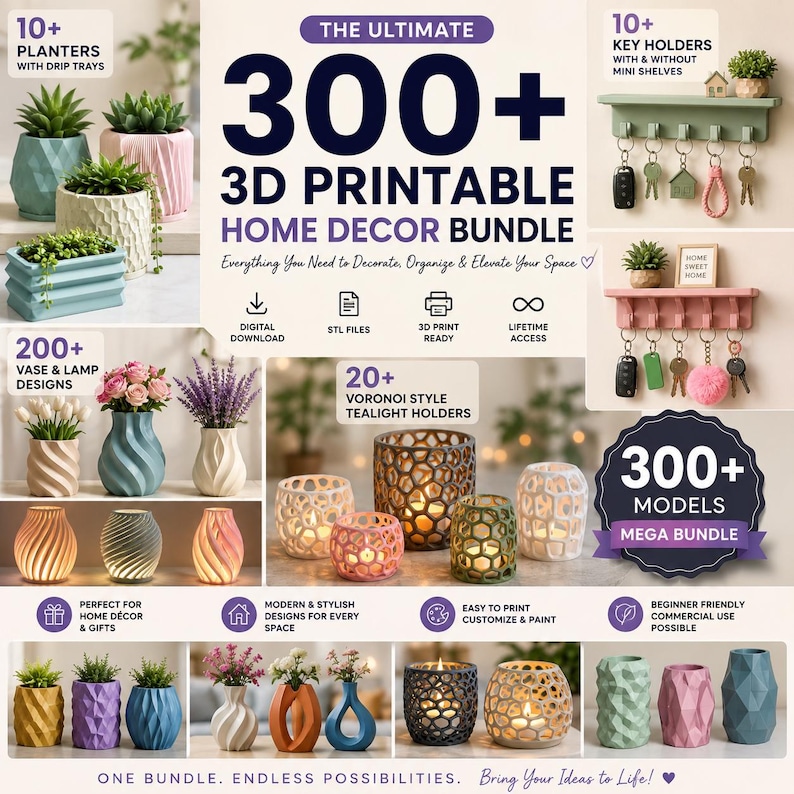 Modern 3D printable home decor bundle featuring colorful planters with drip trays, decorative vase collection, stylish lamps, Voronoi tealight holders, and functional key holders with mini shelves for home organization.
Elegant 3D printed vase collection in pastel colors with floral arrangements displayed in aesthetic modern home interior setup.