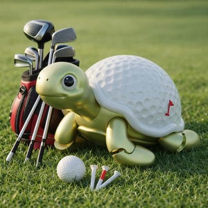 May include: A whimsical golf-themed figurine of a turtle with a golf ball shell, a red golf flag, and a set of golf clubs in a red and black golf bag. A golf ball and tees are in the foreground, all on a green grassy surface.