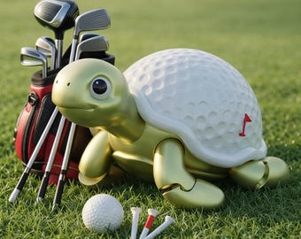 Könnte beinhalten: Eine skurrile Golf-Figur einer Schildkröte mit einem Golfball-Panzer, einer roten Golf-Flagge und einem Satz Golfschläger in einer rot-schwarzen Golftasche. Ein Golfball und Tees befinden sich im Vordergrund, alles auf einer grünen Grasfläche.