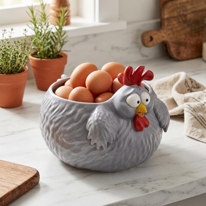 May include: A gray ceramic bowl shaped like a plump chicken, featuring a textured feather pattern, a red comb and wattle, a yellow beak, and wide white eyes. The bowl is filled with several brown eggs, serving as a decorative kitchen storage container.