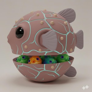 May include: A spherical, mauve pufferfish figurine with light-colored spikes and glowing cyan vein-like patterns. The body splits horizontally to reveal a collection of smaller, colorful pufferfish inside, including green and orange variations.