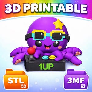 May include: A purple octopus character wearing pixelated glasses and a star, holding a black game controller with a red joystick. The image has the text "3D PRINTABLE" at the top and "1UP" on the controller.