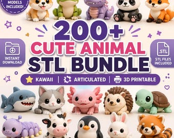 Bundel met meer dan 200 mini-dieren in STL-formaat | Kawaii draak in STL-formaat | Gearticuleerde flexibele 3D-print | Leuk fantasiewezen speelgoed | Digitale download |