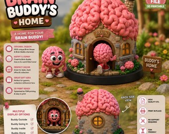 Hersenenhuis STL | Hersenenhuis 3MF-bestand | Schattig hersenrotfiguurtje | Kawaii 3D-printmodel | Grappig bureau-speeltje | Printbaar STL-bestand |