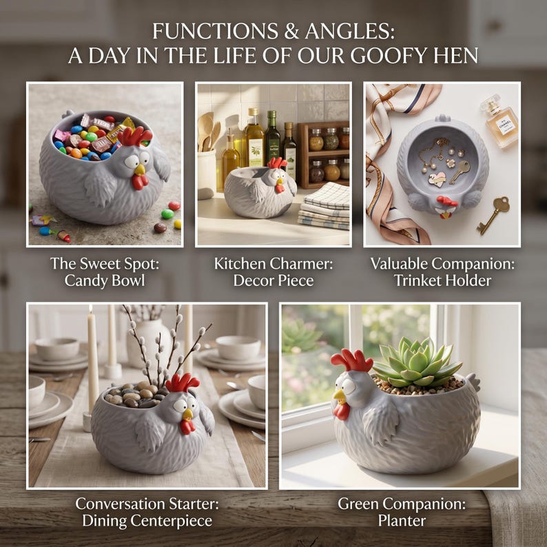 May include: A gray ceramic bowl shaped like a hen with a red comb and wattle. The text reads: FUNCTIONS & ANGLES: A DAY IN THE LIFE OF OUR GOOFY HEN. It is shown as a candy bowl, kitchen decor, trinket holder, dining centerpiece, and a planter.