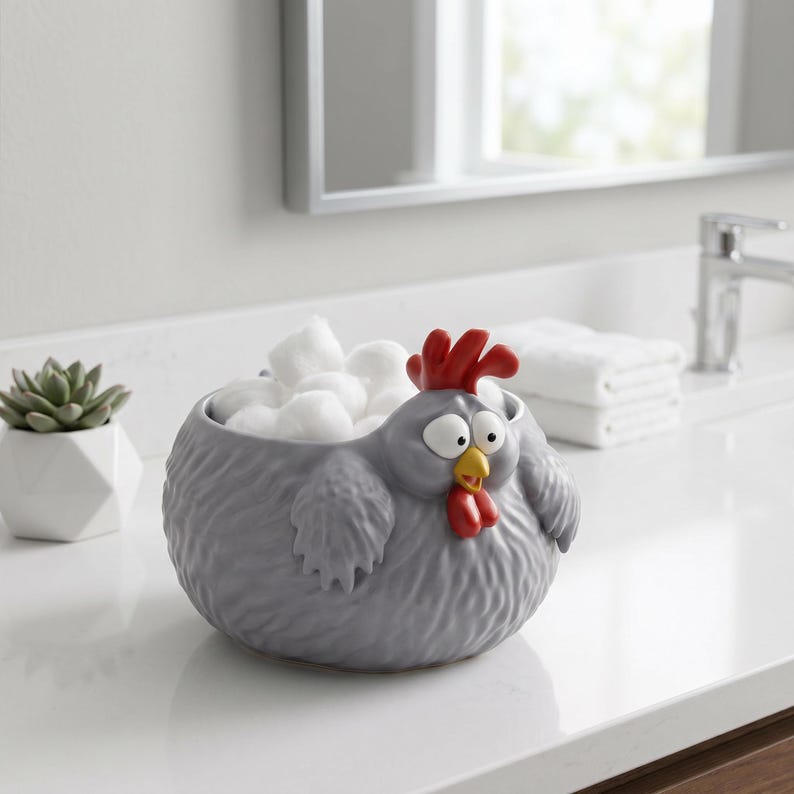 May include: A gray ceramic bowl shaped like a chicken, featuring a textured feather pattern, a bright red comb and wattle, a yellow beak, and wide white eyes. The bowl is filled with white cotton balls, creating a functional storage container.