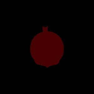 May include: A dark red pomegranate silhouette centered against a solid black background. The fruit shape features a rounded body with a small, distinct crown at the top and a slightly pointed base, rendered in a deep, monochromatic crimson tone.