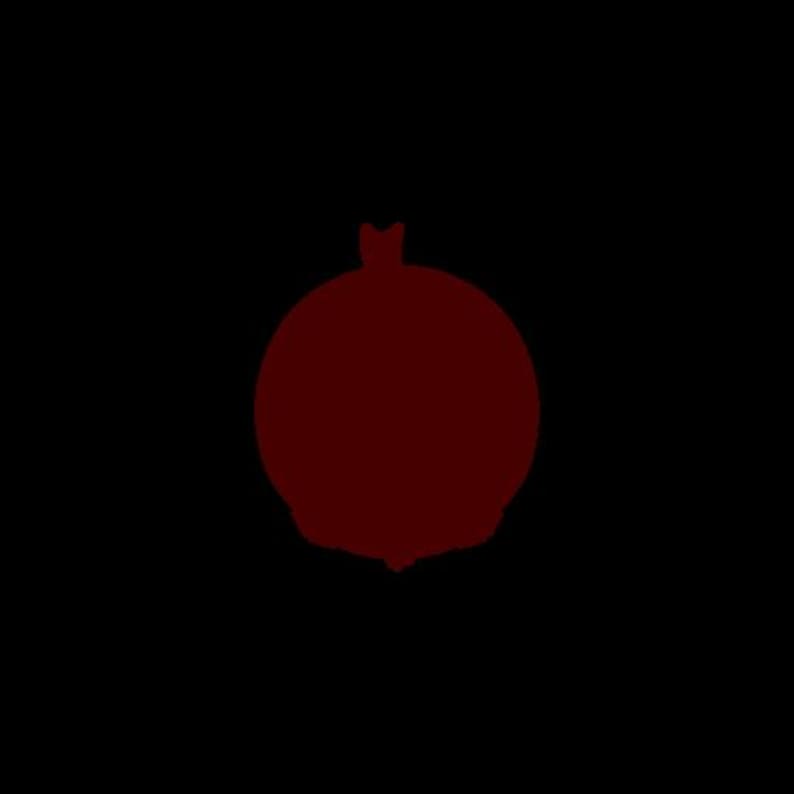 May include: A dark red pomegranate silhouette centered against a solid black background. The fruit shape features a rounded body with a small, distinct crown at the top and a slightly pointed base, rendered in a deep, monochromatic crimson tone.