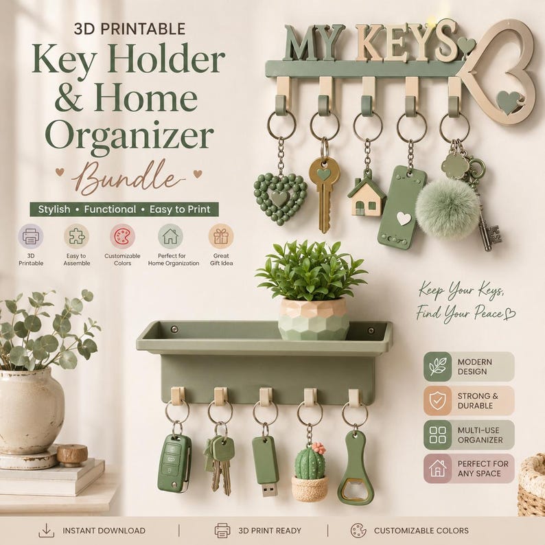 Minimalist 3D printable key holder organizer with shelf and decorative hooks shown in modern neutral color palette for entryway organization.
Decorative 3D printed planter collection with drip trays and indoor plants displayed on modern kitchen countertop in aesthetic pastel colors.
Modern Voronoi tealight candle holders with artistic geometric patterns designed for cozy home decoration and ambient lighting.