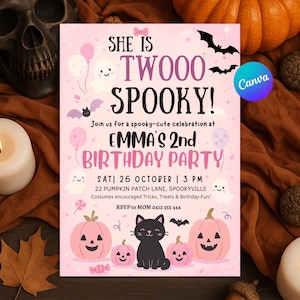Two Spooky Birthday Invitation | Pink Halloween 2nd Birthday Party Invite | Editable Girl Birthday Template | Digital Download