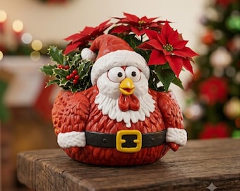 Bloempot in de vorm van een kip met de Kerstman | Kerstman bloempot STL | Kerst bloempot 3D printen | Feestelijke huisdecoratie | Kerst STL-bestand | 3MF & STL | Buikbloempot |