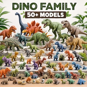 May include: A collection of over 50 dinosaur figurines in various colors, including green, orange, blue, and brown. The set features diverse species such as T-Rex, Triceratops, and Stegosaurus, displayed on a tiered stone-like surface with text.