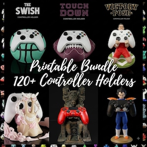 May include: A collection of 3D printed controller holders featuring various designs including a basketball, a football, a figure in a victory pose, a snail-like creature, a figure on a throne, and an anime character holding a game controller.