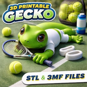 May include: A green gecko wearing a white tennis outfit and holding a tennis racket. The image includes tennis balls, a water bottle, and the text "3D PRINTABLE GECKO" and "STL & 3MF FILES".