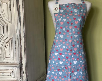 Blue with Pink Hearts Cotton Apron