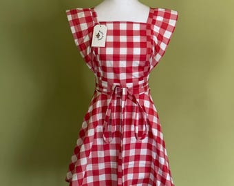 Red Gingham Vintage Style Cotton Apron with Ruffled Sleeves