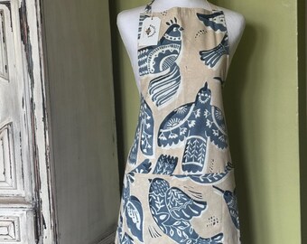 Cream and Blue Birds Cotton Apron