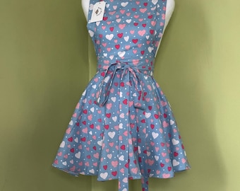 Blue with Pink Hearts Vintage Style Cotton Apron