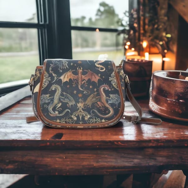 Whimsigoth Witchy Crossbody Bag Dark Cottagecore Satchel with Dragons Fairycore Goblincore Purse Grimoire Gift for Her