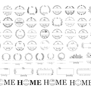 Op de afbeelding: Een verzameling zwart-witte ontwerpen met familiethema's, waaronder kransen, banners en cirkelvormige frames. De ontwerpen bevatten de woorden "familie", "thuis" en zinnen als "zegen dit huis". Geschikt voor woondecoratie of knutselprojecten.