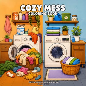 May include: A colouring book titled COZY MESS COLORING BOOK featuring a split-screen illustration of a laundry room. The left side shows a messy room with an open washing machine, overflowing laundry basket, and scattered clothes. The right side shows a tidy room with a closed washing machine, folded towels, and plants.