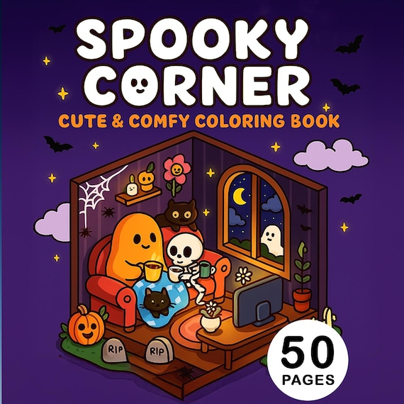 Cozy Halloween coloring book cute spooky coloring pages for kids teens and adults printable Kawaii Creepy Cozy halloween coloring pages