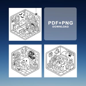 Puede incluir: Ilustraciones en blanco y negro de habitaciones tem&aacute;ticas de Halloween. Cada habitaci&oacute;n presenta una escena diferente con fantasmas, brujas y calabazas. Tambi&eacute;n est&aacute; presente el texto "PDF+PNG DOWNLOAD".