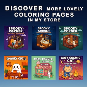 May include: A promotional image for coloring books with a dark blue background. The text "DISCOVER MORE LOVELY COLORING PAGES IN MY STORE" is at the top. Six colorful book covers are displayed, featuring spooky and cozy themes with illustrations of ghosts, skeletons, and cats.
