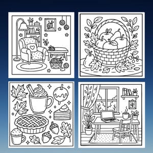 May include: Four square black and white illustrations depicting cozy autumn scenes. One shows a living room with a chair and yarn, another a basket of apples, a third with fall treats, and the last with a desk and laptop.