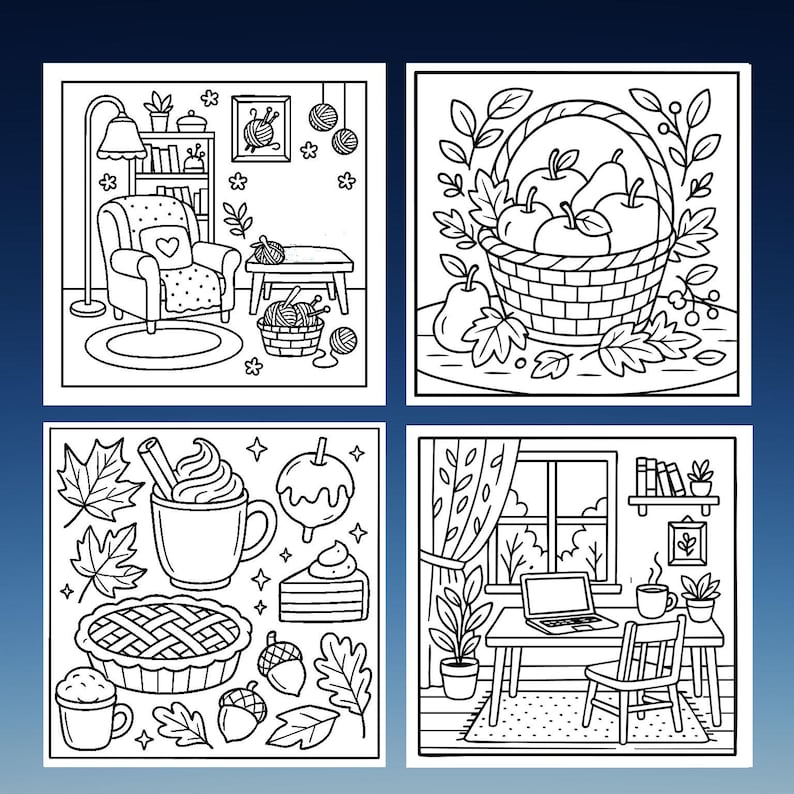 May include: Four square black and white illustrations depicting cozy autumn scenes. One shows a living room with a chair and yarn, another a basket of apples, a third with fall treats, and the last with a desk and laptop.