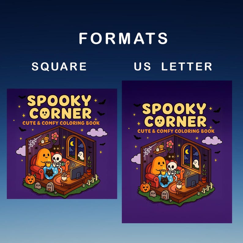 Puede incluir: Dos ilustraciones de un libro para colorear "Spooky Corner" en formatos cuadrado y US Letter. La imagen cuadrada muestra una escena de Halloween acogedora con fantasmas de dibujos animados, calabazas y un esqueleto viendo la televisi&oacute;n. El texto dice "Cute & Comfy Coloring Book."
