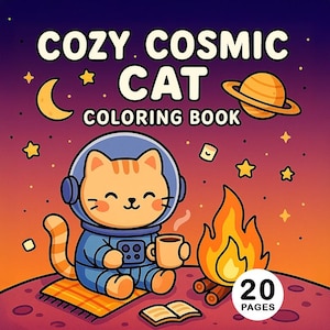 Könnte beinhalten: Bunte Illustration einer Katze im Raumanzug, die eine Tasse hält, mit Lagerfeuer und Planet im Hintergrund. Der Text "COZY COSMIC CAT COLORING BOOK" steht oben. Das Buch hat 20 Seiten.