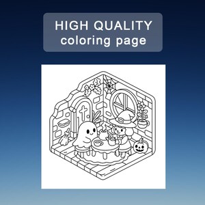 Puede incluir: P&aacute;gina para colorear en blanco y negro con el texto "HIGH QUALITY coloring page". La ilustraci&oacute;n representa una escena de Halloween con una bruja, un fantasma, una calabaza y una mesa con tazas de t&eacute;. Se ve una puerta con una cruz.