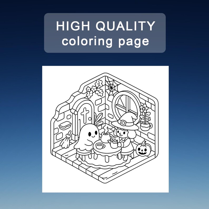 Puede incluir: P&aacute;gina para colorear en blanco y negro con el texto "HIGH QUALITY coloring page". La ilustraci&oacute;n representa una escena de Halloween con una bruja, un fantasma, una calabaza y una mesa con tazas de t&eacute;. Se ve una puerta con una cruz.