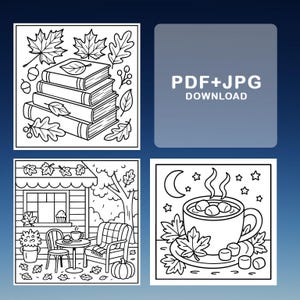 May include: Black and white line art illustrations of autumn-themed images. Includes a stack of books with leaves, a cozy outdoor scene with a table and chair, and a mug of hot cocoa with marshmallows.