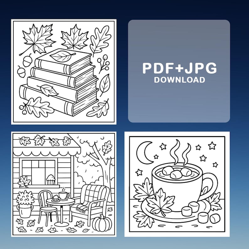 May include: Black and white line art illustrations of autumn-themed images. Includes a stack of books with leaves, a cozy outdoor scene with a table and chair, and a mug of hot cocoa with marshmallows.