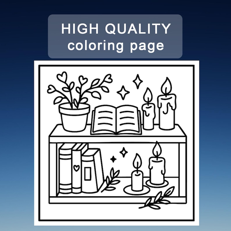 May include: Black and white line art of a bookshelf with a potted plant, open book, candles, and books. The text "HIGH QUALITY coloring page" is at the top. The image is designed for coloring.