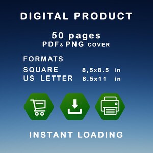 Puede incluir: Gr&aacute;fico de producto digital sobre un fondo azul degradado. El texto incluye "DIGITAL PRODUCT", "50 pages PDF & PNG COVER", y detalles de formato: "SQUARE 21,6x21,6 cm" y "US LETTER 21,6x27,9 cm". Iconos verdes y texto "INSTANT LOADING" tambi&eacute;n presentes.