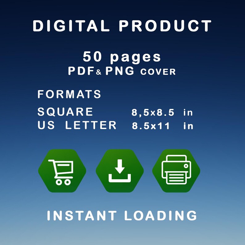 Puede incluir: Gr&aacute;fico de producto digital sobre un fondo azul degradado. El texto incluye "DIGITAL PRODUCT", "50 pages PDF & PNG COVER", y detalles de formato: "SQUARE 21,6x21,6 cm" y "US LETTER 21,6x27,9 cm". Iconos verdes y texto "INSTANT LOADING" tambi&eacute;n presentes.