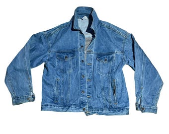 Vtg Jagermeister Denim Jacket 90's Embossed Spell Out Biker Trucker USA Large