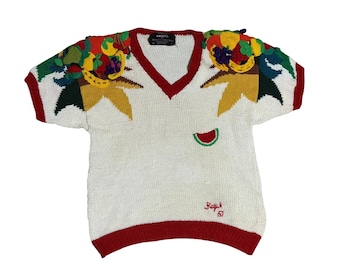 Vtg Raquel Collection Peru Hand Made Knit Sweater 3D Fruits Womens Sz Medium