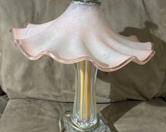 Italian Hand Blown Murano Pink Glass Rippled Swirl Table Lamp & Ruffled Shade