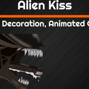 May include: Animated overlay for streaming with the title "Alien Kiss." The image features a detailed illustration of an alien's head with sharp teeth and a dark color palette. The overlay is designed for stream decoration.