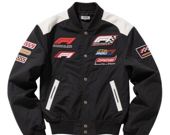 Chaqueta bomber retro de carreras de F1 / Ropa de calle de motor con bloques de color